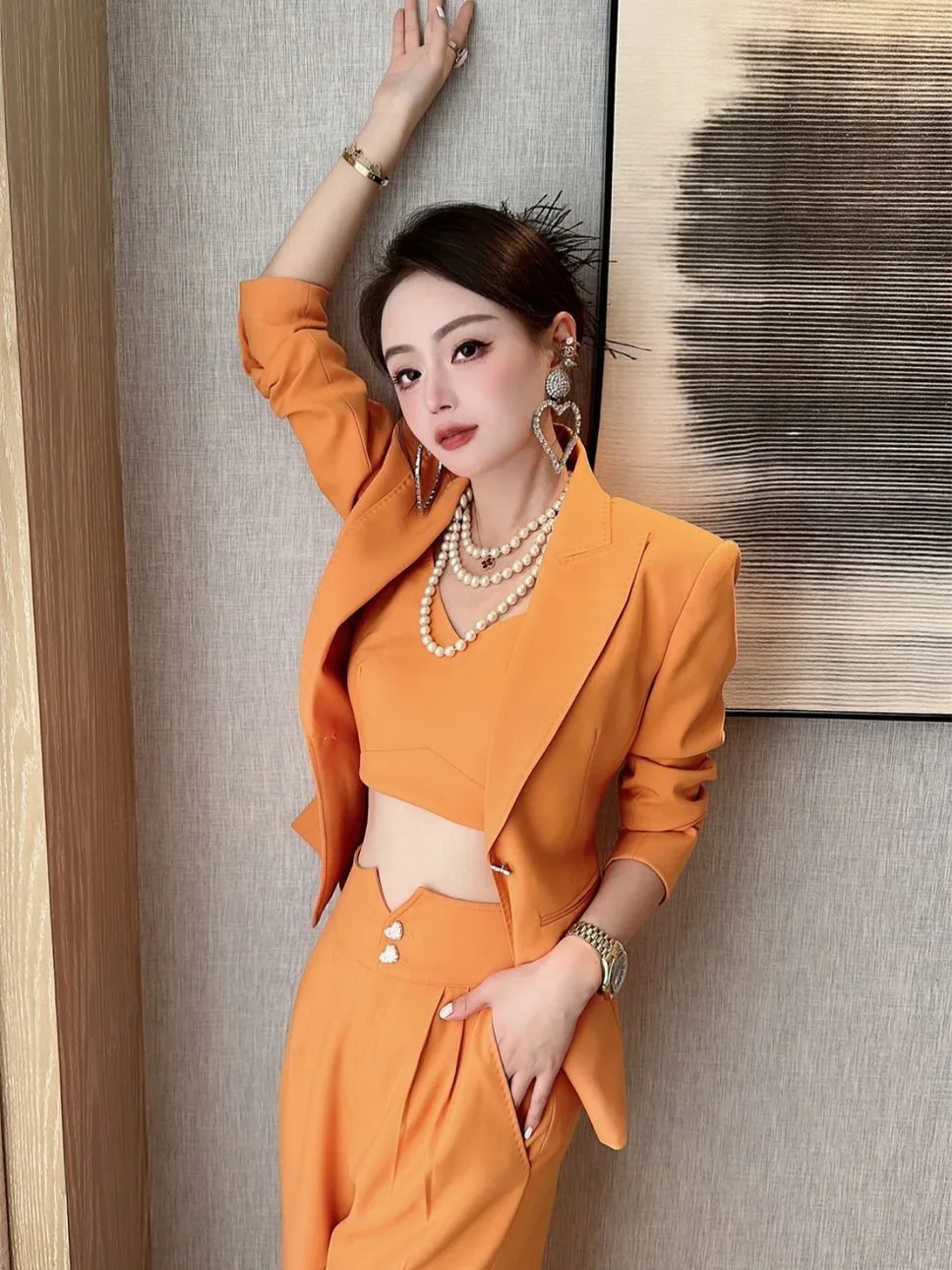 Spring Autumn Blazer and Pant Sets for Women 2 Pieces Suits Orange Korea Stylish Trousers Woman Chic Elegant Clothes with Sleeve