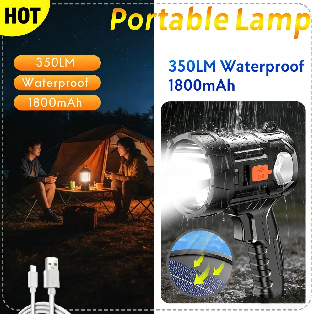 

Водонепроницаемый светодиодный солнечный фонарик для кемпинга, 1800 мАч, 350 лм, 6 режимов, 3-цветный фильтр, аварийный аккумулятор, зарядка типа C, дисплей питания