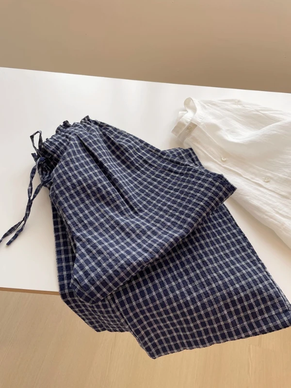 Senhoras xadrez calças de perna larga cintura alta corte reto solto calças casuais confortável dstring elástico emagrecimento calças compridas