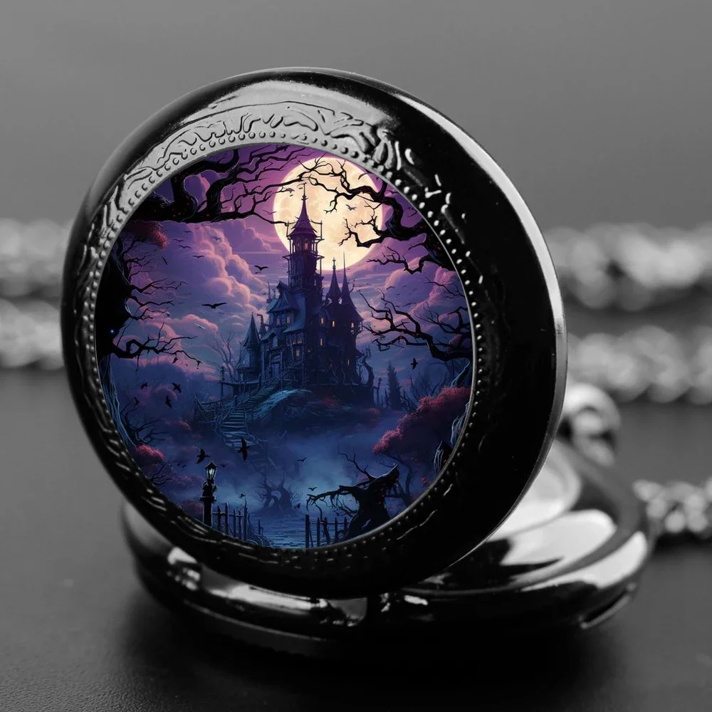 Magic Castle themed quartz pocket watch, unique glass patch design