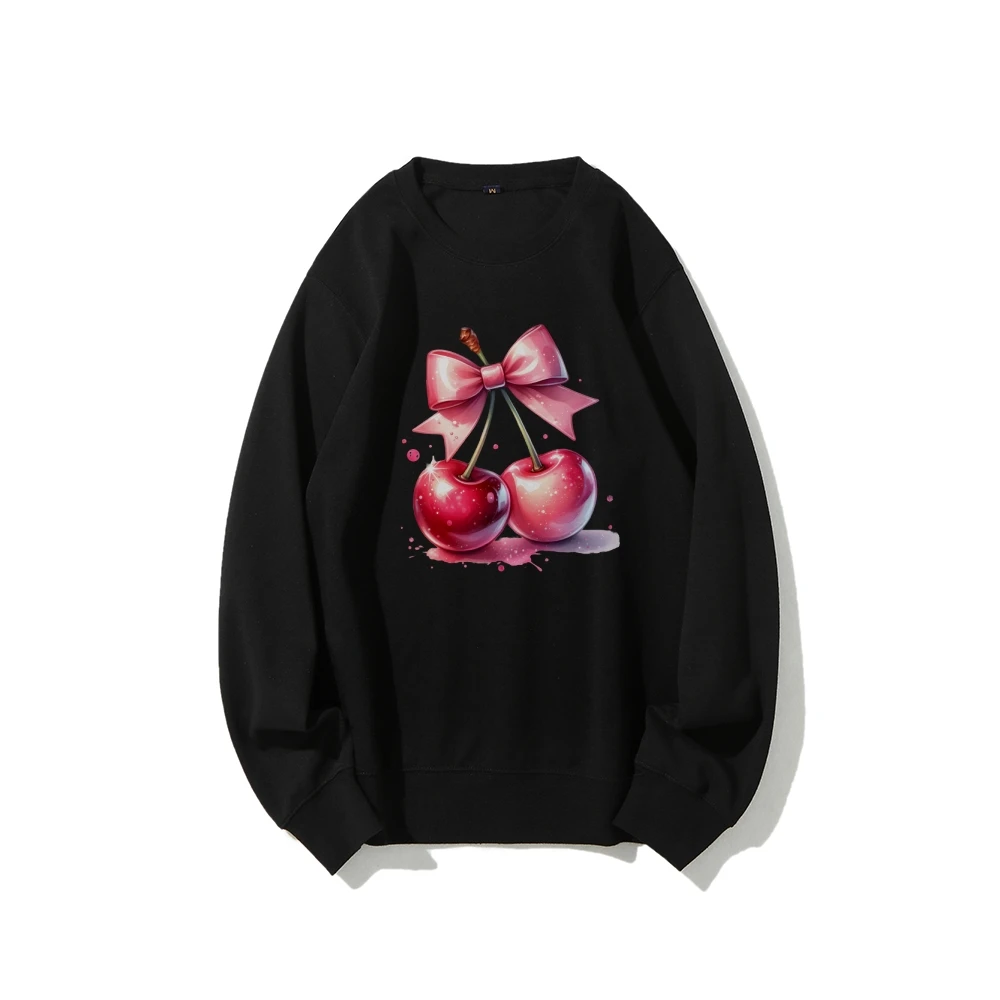 y2k Woman Clothing Cutecore Cherry Print Sweatshirts Autumn Winter Pure Cotton White Hoodie Brand Luxury Fashion Long Sleeve Top