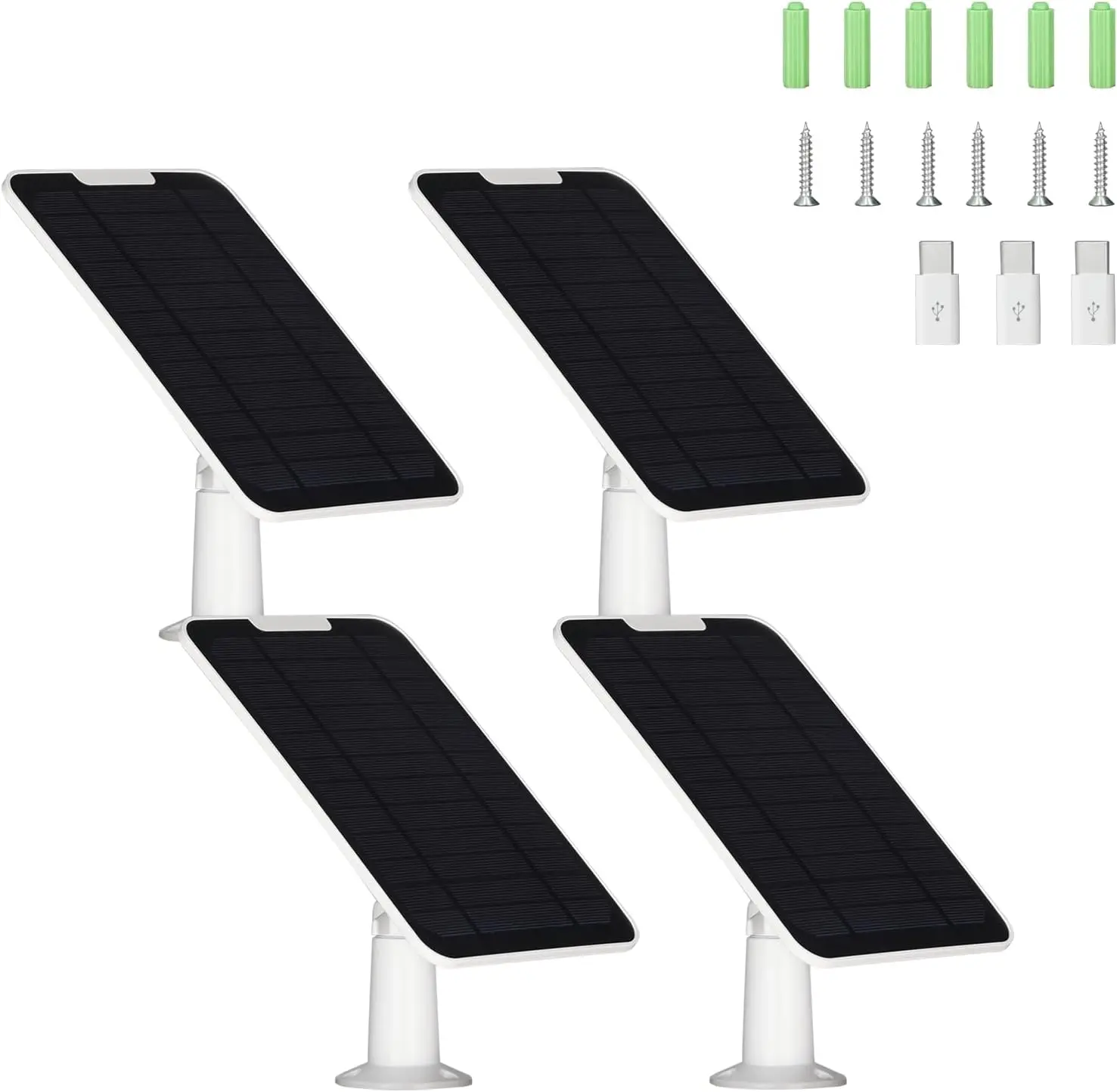 5V 6W Solar Panel for Camera, Compatible with Eufycam 2C/2C Pro/2/2 Pro/E20/E40/E, USB-C and 9.8ft/3m Charging Cord, 4 Pack