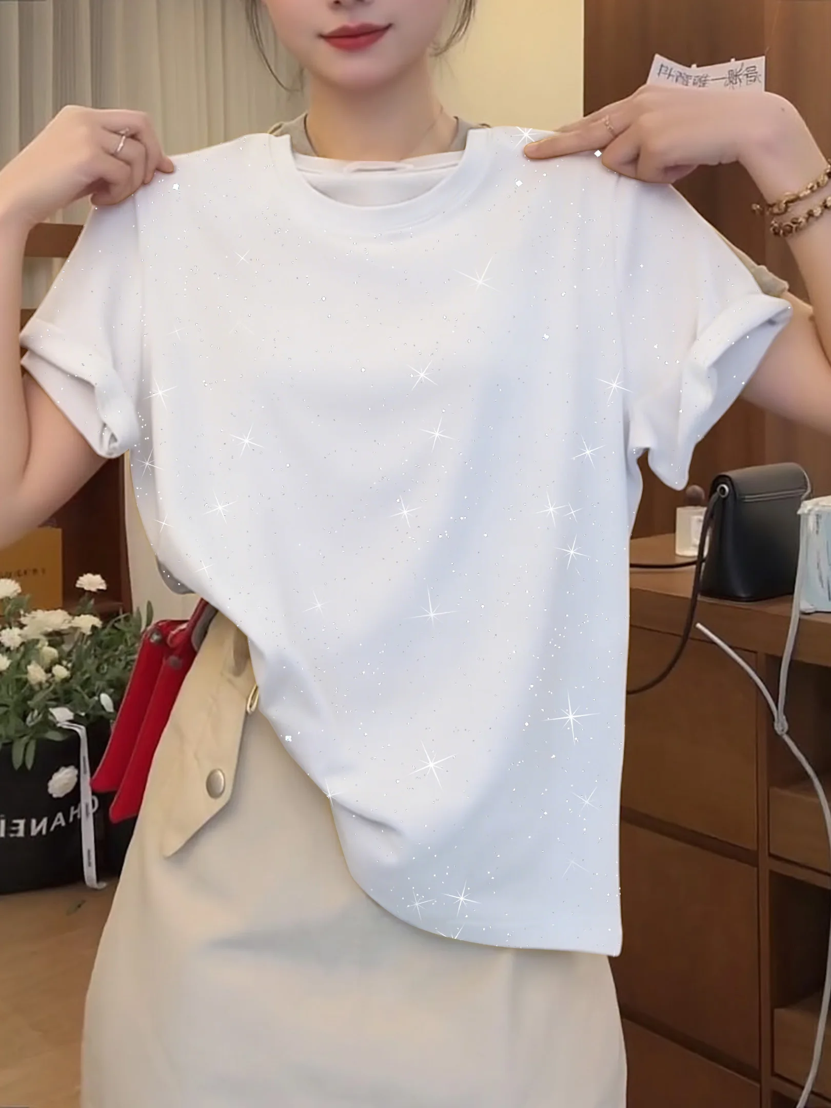 Summer Fashion Reflective Sequin Top Women's Unique Dragon Fruit Red Short Sleeve Loose round Neck Base Tee Shirt Casual Styl...