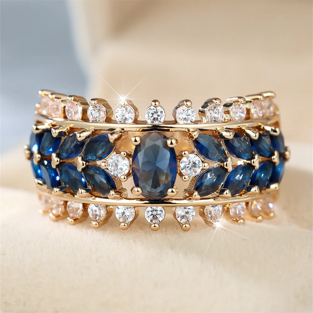 Blue Crystal Oval Stone Cute Tree Leaf Rings For Women Vintage Gold Color White Zircon Ring Wedding Jewelry Mother's Day Gifts