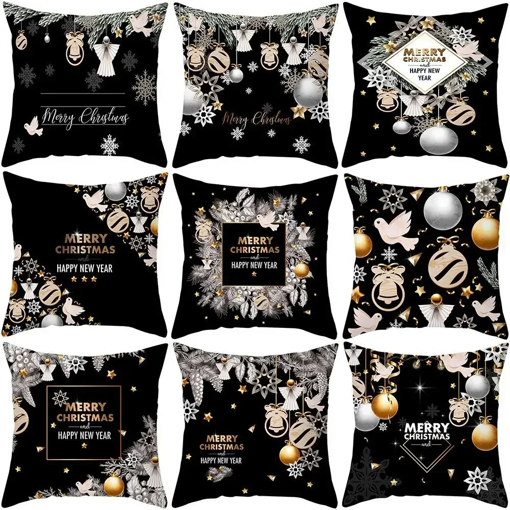 Black Gold Christmas Decoration Pillowcase  New Year Sofa Car Cushion Cover