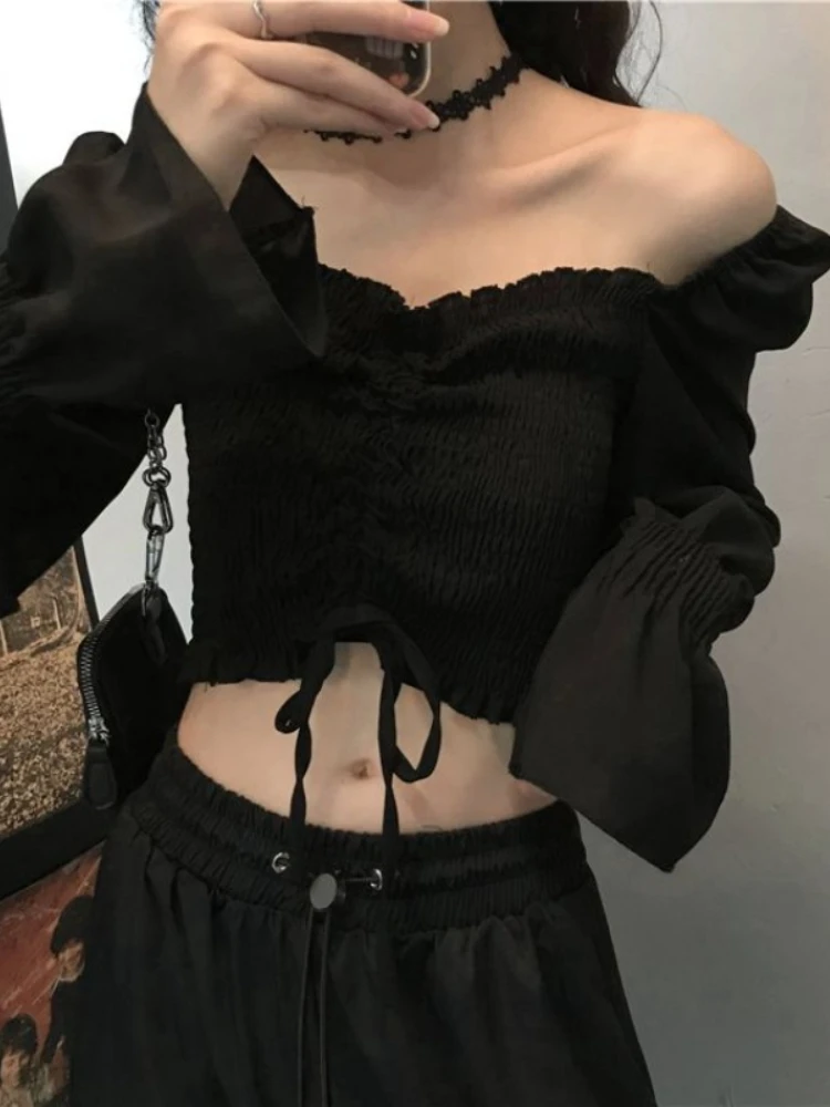 New Slim Black Blouse Women's Off-shoulder Puff Sleeve High-waist Sweet Solid Shirt Top Woman
