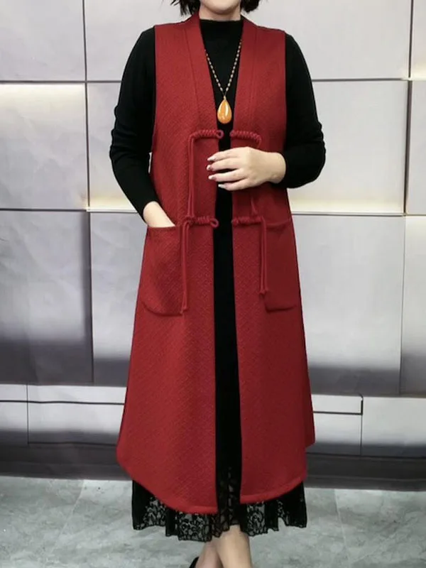 Spring Autumn Pure Color Ethnic Style Loose Sleeveless Jacket Button up Vest Middle Aged Mom Fashion Trendy Outerwear