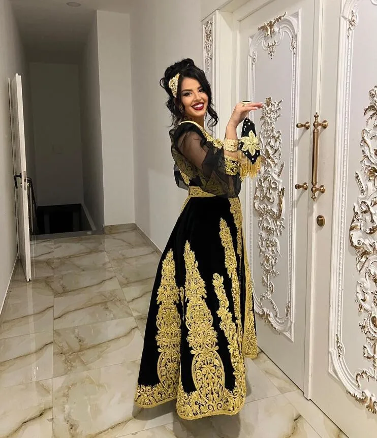 Black Two Pieces Algerian Karakou Prom Dress for Women Gold Lace Applique Long Sleeve Evening Gown Traditional Customized