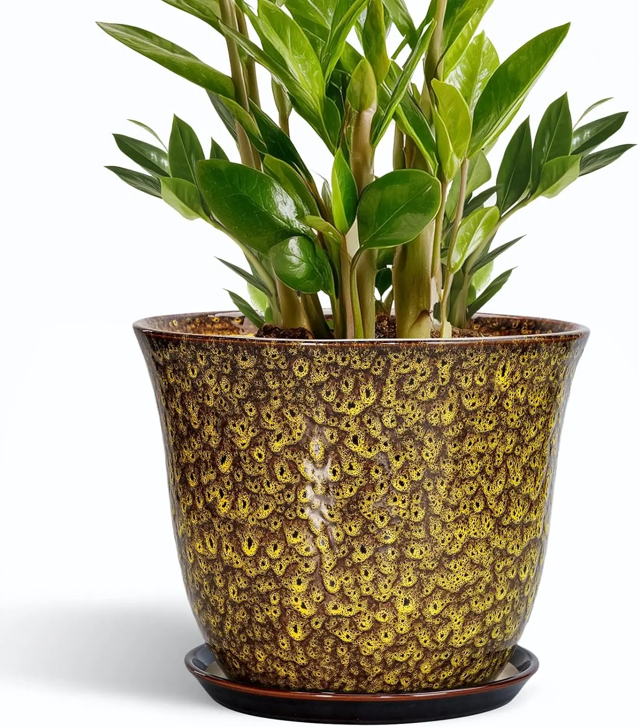 

10 Inch Ceramic Plant Pot with Drainage Hole and Saucer, Modern Round Planter for Indoor Outdoor Garden Decor, Yellow