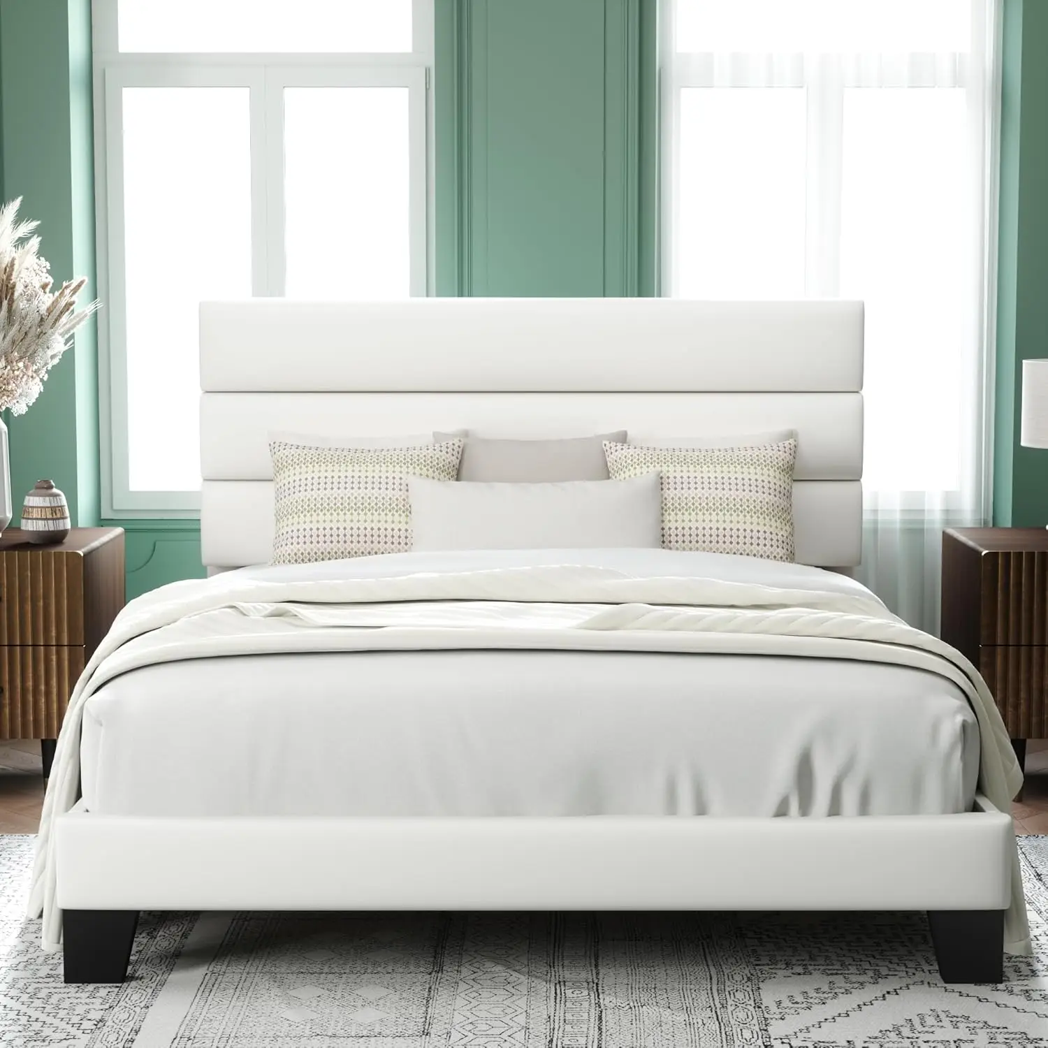 Full Size Platform Bed Frame with Velvet Upholstered Headboard&Wooden Slats Support,Fully Upholstered Mattress Foundation, White