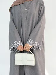 Sofisticado Abaya gris con adornos de puños estampados de flores populares Dubai Islam Turquía mujeres musulmanas para caftán Ramadán