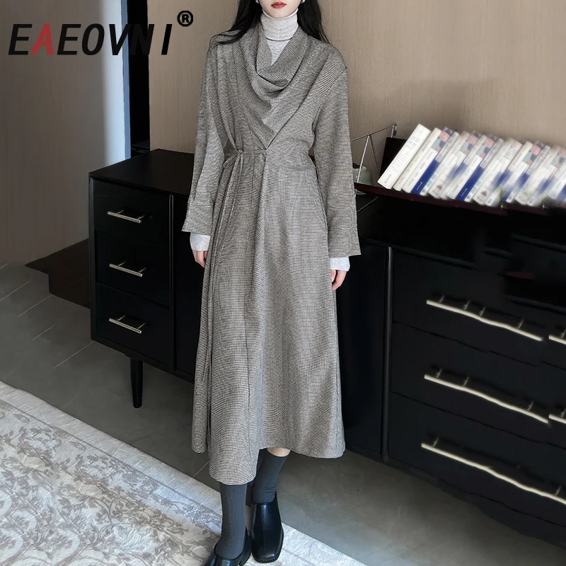 

EAEOVNI 2025, осеннее новое длинное платье, женская мода, дизайн с асимметричным воротником, платья на шнуровке со сборкой на талии, винтажная одежда