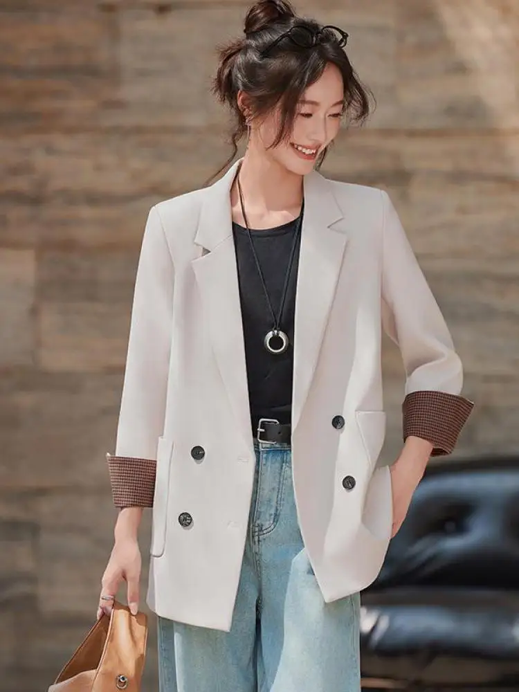 

Korean Fashion Women Black Beige Patchwork Elegant Blazer Coat Autumn Winter Purple Double Breasted Long Sleeve Oversized Jacket