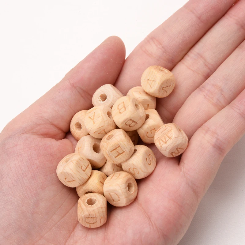 50Pcs 12mm Natural Letter Wood Beads Square Beech Alphabet Loose Spacer Beads For Jewelry Making Pacifier Chian Accessories