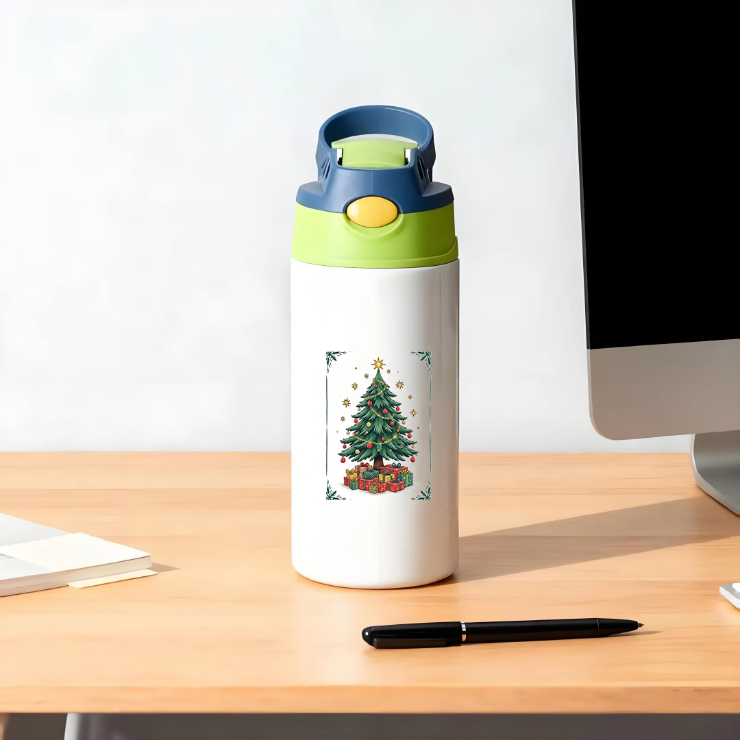 Tasse thermique en acier inoxydable 304, tasse en paille pour enfants, motif d'arbre de noël, édition personnalisée, cadeau de vacances, bouteille d'eau pour enfants