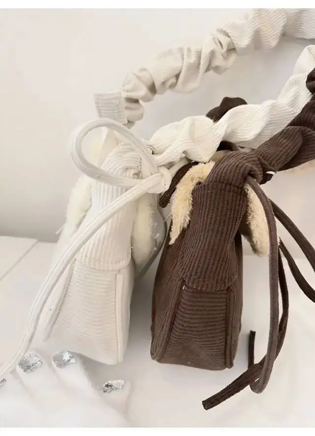Bloom Haruku Corduroy Brown Shoulder Y2k Female Sweet Cute Casual Handbag Women Autumn Winter Plush Crossbody Bag 2025