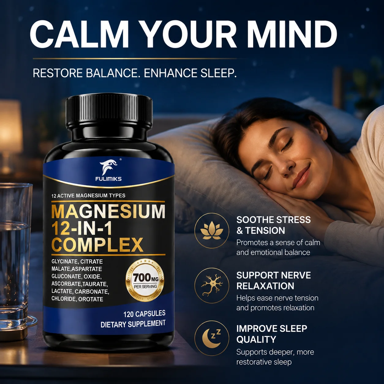 12-in-1 Magnesium Supplement Glycinate, Citrate, Malate, Taurate Support Sleep, Muscle Cramp Relief, Stress, Heart, Nerve Health