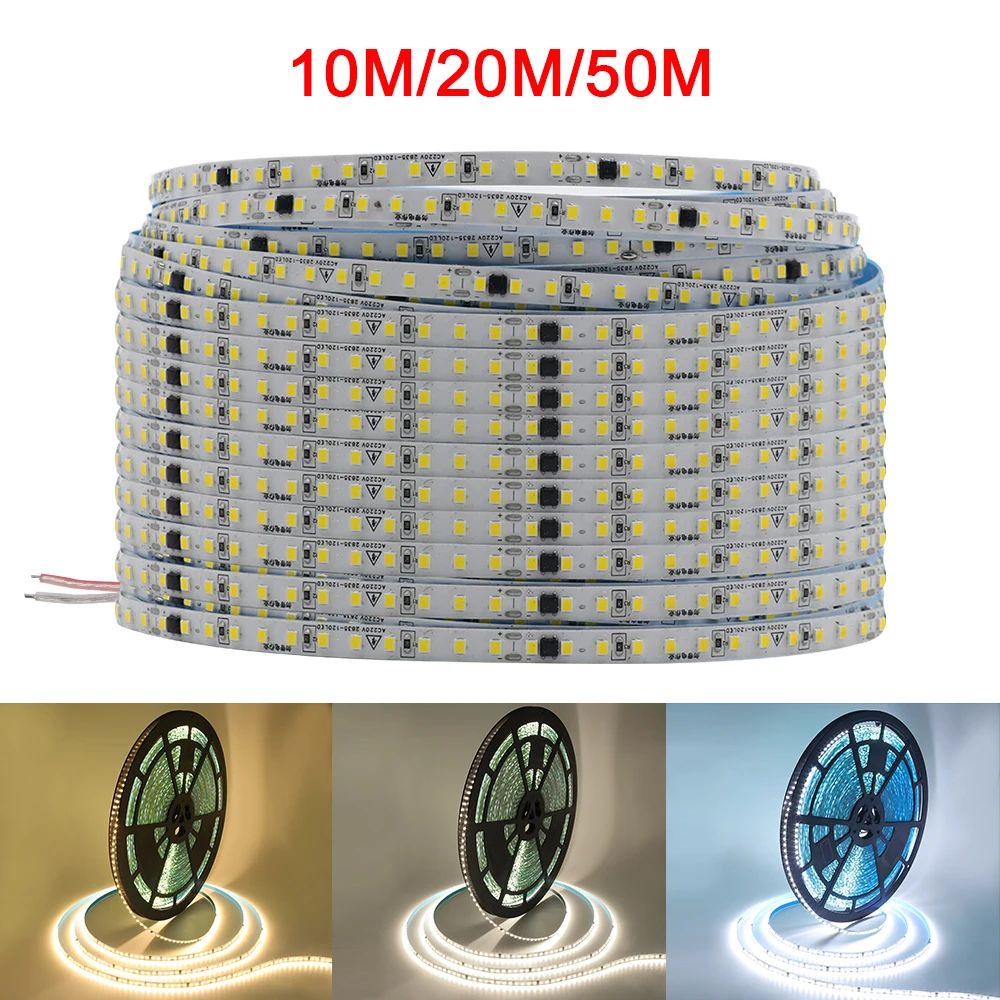 

Светодиодная лента, 220 В, 10 м, 20 м, 50 м, IP55, водонепроницаемая светодиодная лента, высокая яркость, 2835, 120 светодиодов, белый/теплый белый/натуральный белый, гибкие светодиодные лампы