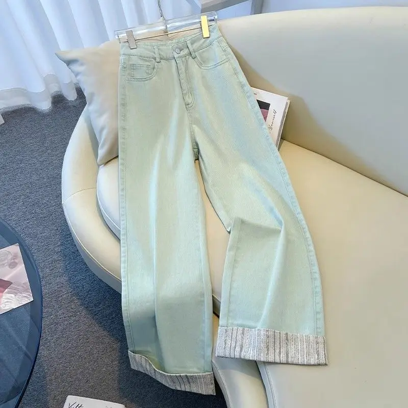 

Retro Jade Green Rolled Hem Narrow Leg Denim Women's Summer New Straight Trousers