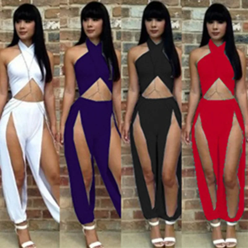 Fashion Two Pieces Set Women Clothing Bandage Sexy Crop Tops and High Waist Split Pants Sexy Clubwear Party Sets Summer M3651