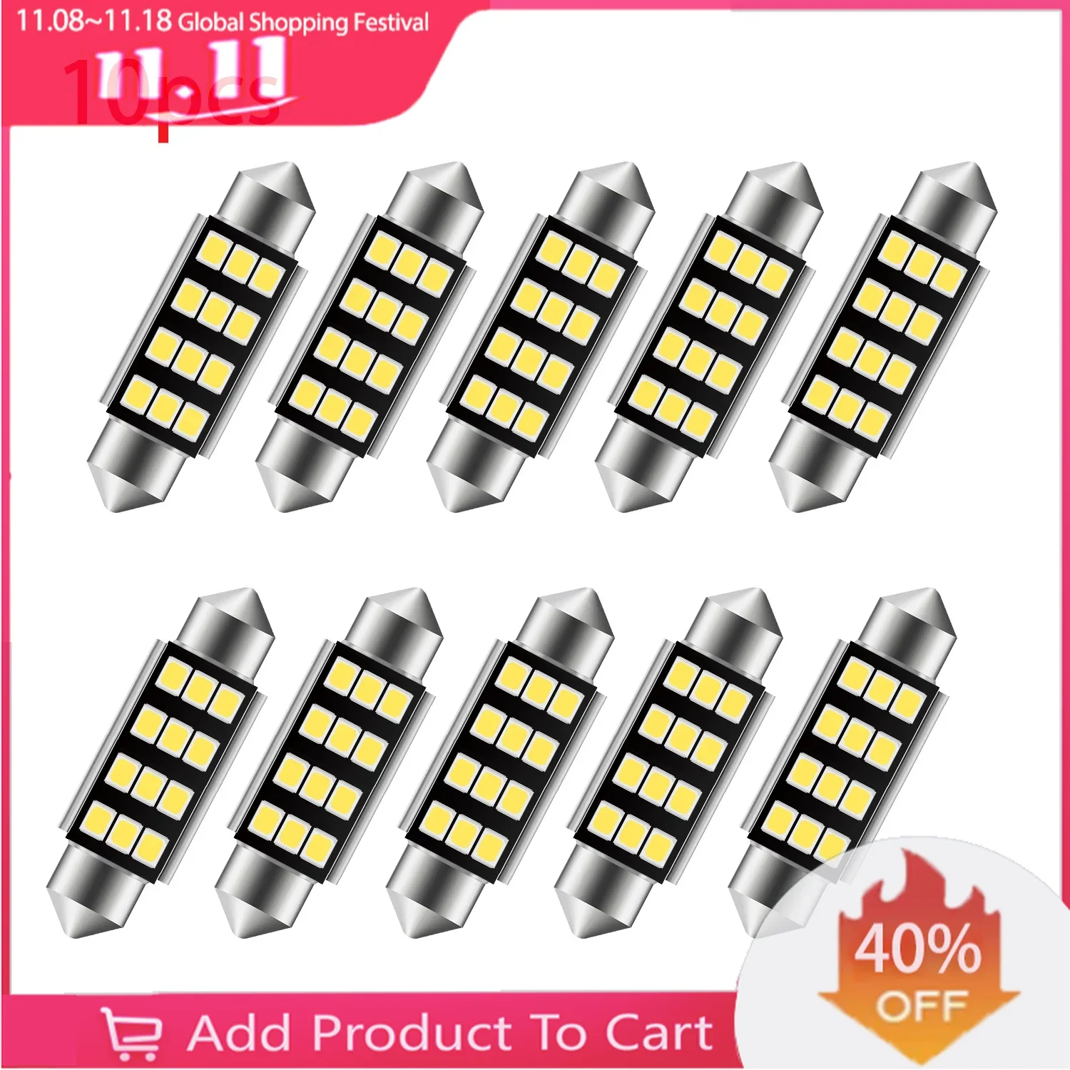 

10pcs Festoon 2835 Chip Bulb Canbus 39mm/41mm Car LED Lamp Interior Dome Reading License Plate Lights White Roof Bulbs Light Sou