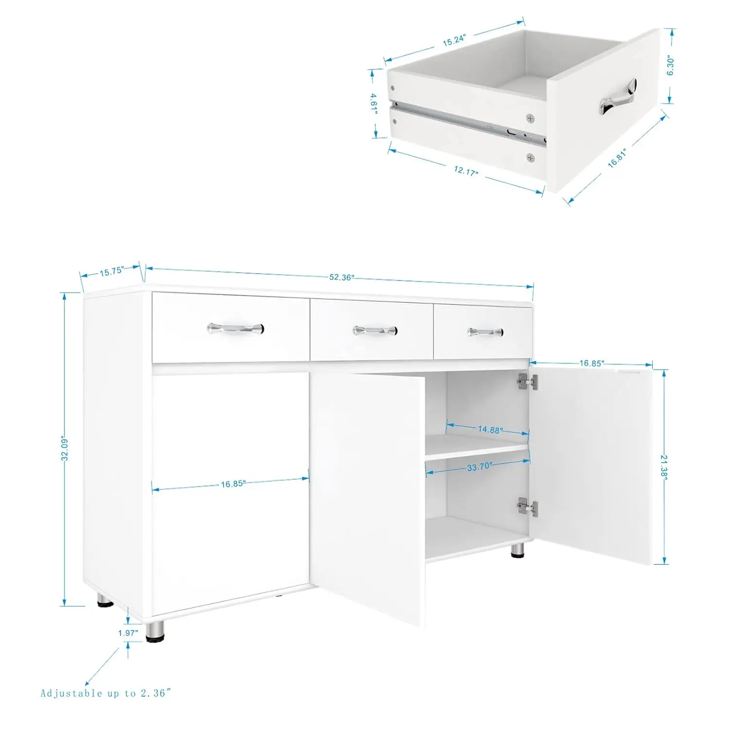 White Storage Drawer File Cabinet Side Table with 3 Drawers & 3 Doors for Office Kitchen Entryway, Customized