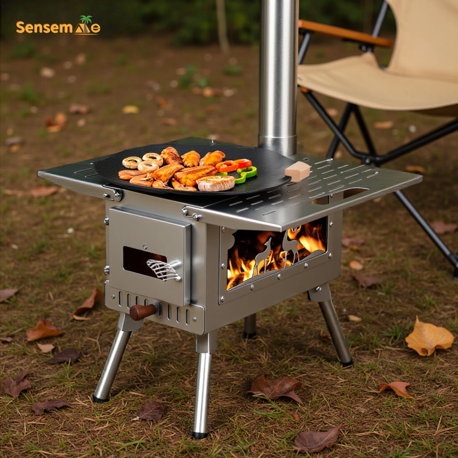 Portable Camping Wood Stove Folding Stainless Steel Tent Heater Double Combustion Wood Burner with Chimney for Outdoor Cooking