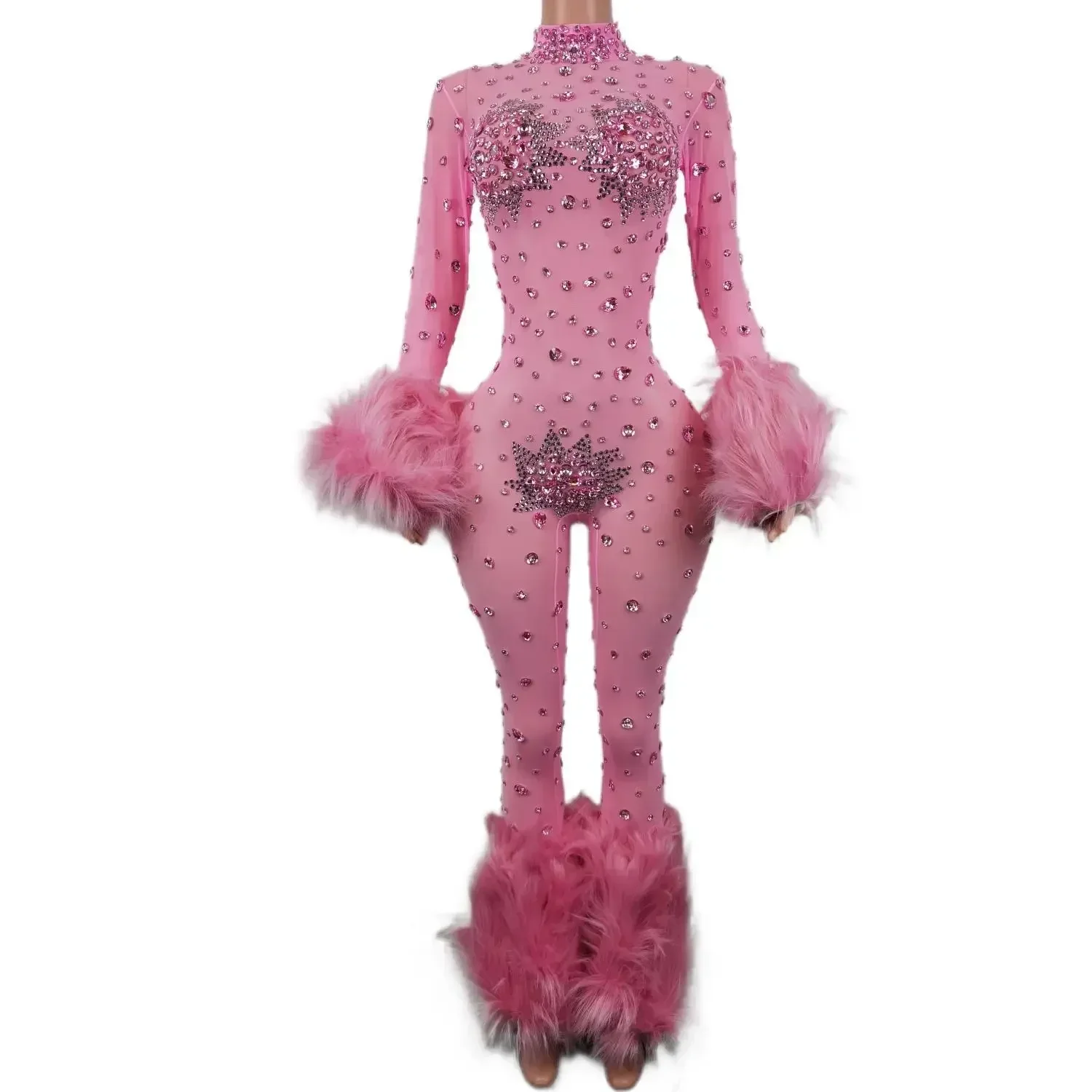 Shiny Pink Mesh Transparent Jumpsuit Sexy Hairy Luxury Rhinestone Birthday Outfit Singer Dancer Performance Costume Stage Wear