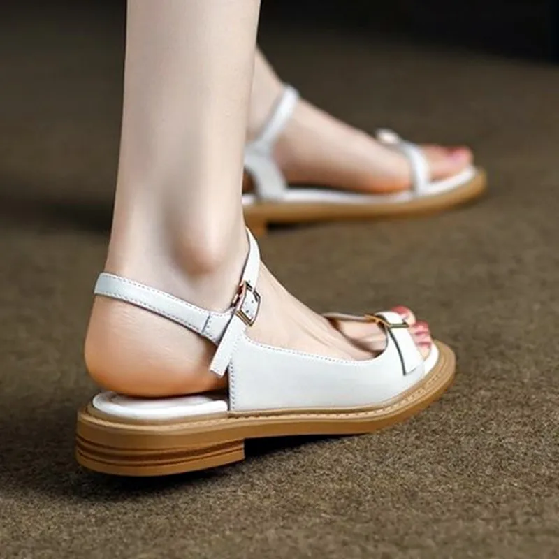 Summer Retro Roman Sandals Women Simple Type Open Toe Flat Sandals Fashion Buckle Low Heel Comfortable Dress Shoes for Women