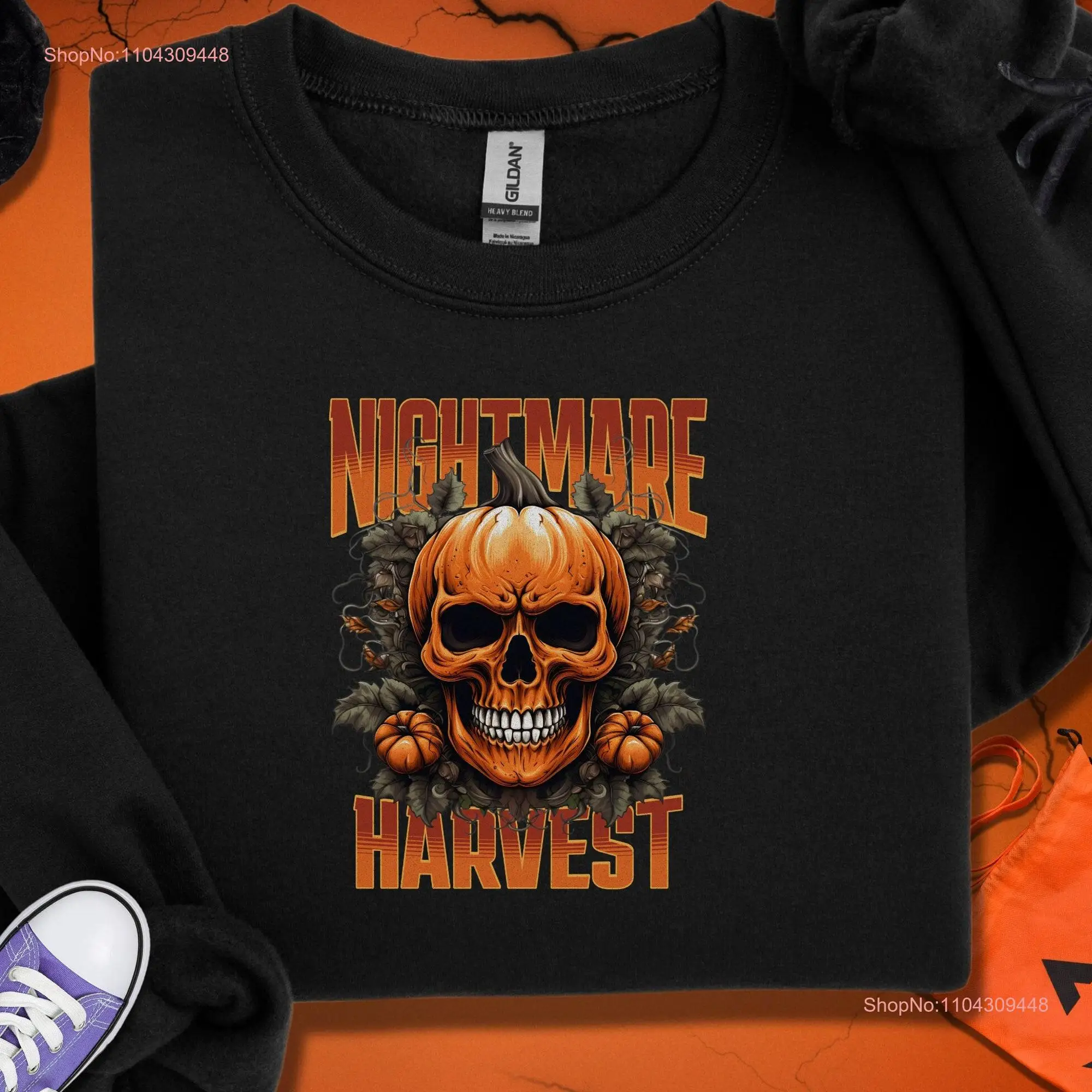 Nightmare Harvest Halloween Skull T Shirt Grim Pumpkin Horror Design Spooky Autumn Apparel long or short sleeves