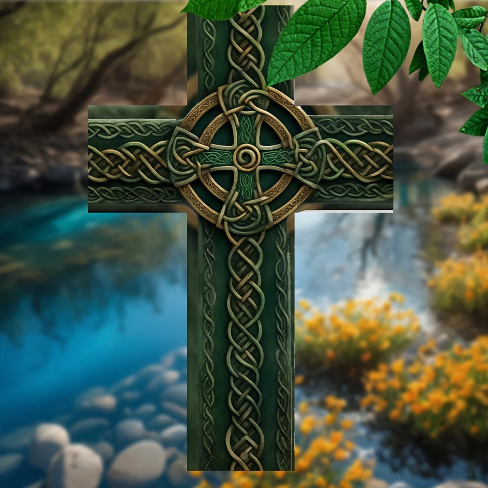 2D-1pc Metal Rustic Green & Golden Celtic Knot Metal Cross Wall Art - 8x12 Inch Farmhouse Style Metal Decor for Indoor/Outdoor
