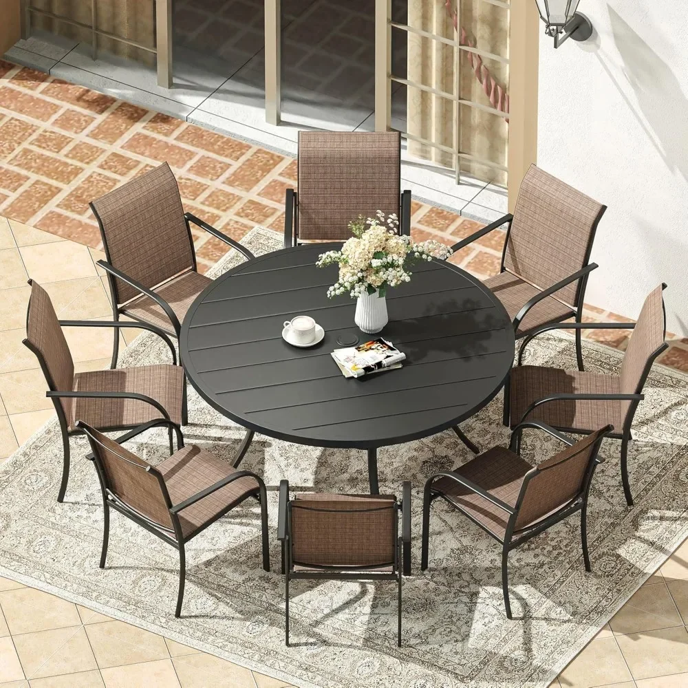 

Patio 9 Pieces Outdoor Dining Set, 54" Round Metal Table with Umbrella Hole and 8 Stackable Textilene Chairs for Patio, Lawn, G