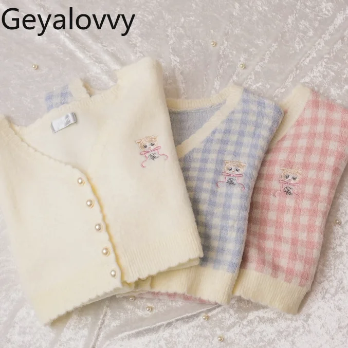 

Japanese Style Spring New Sweet Cute Girls Knitting Shirt Mine Series Mass-produced Embroider High Waist Plaid Sweater Cardigan