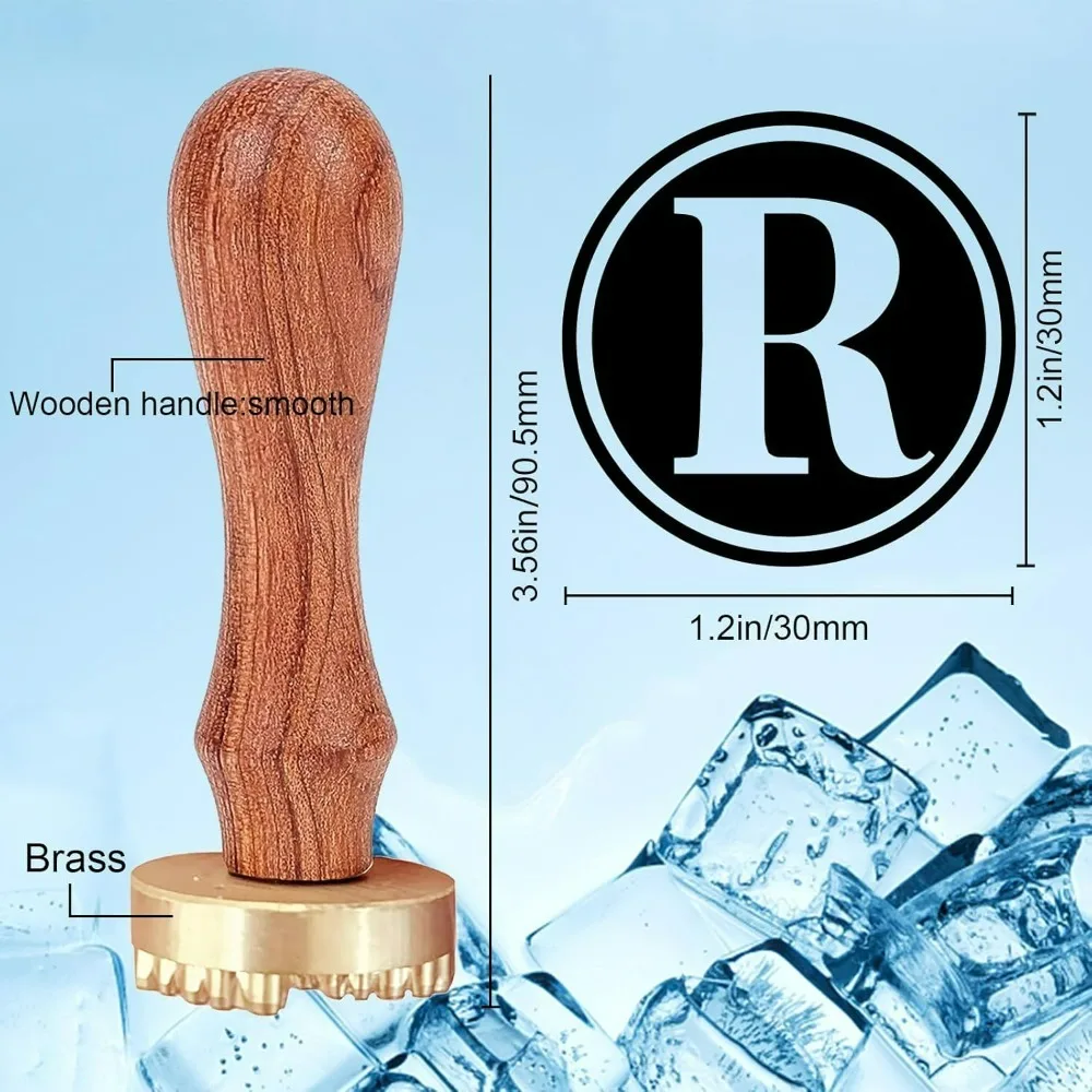 Letter R Ice Stamp Initials Ice Cube Stamp 1.2inch with Removable Brass Head Replacement Wood Handle Ice Branding Stamp