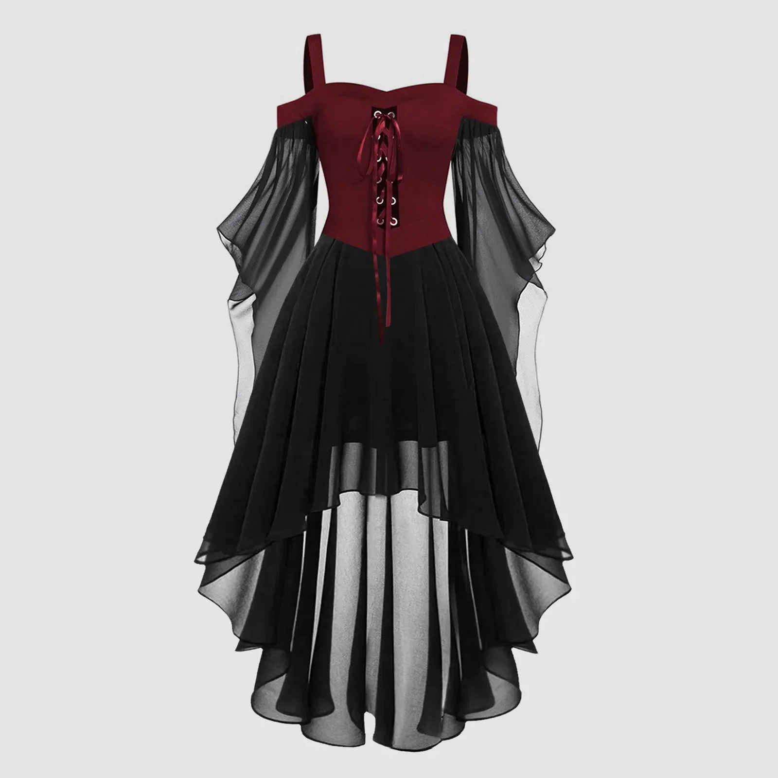 Halloween Witch Cosplay Costumes Gothic Off Shoulder Lace-up Vestidos Bandage Mesh Sheer A-line Long Party Dress for Women