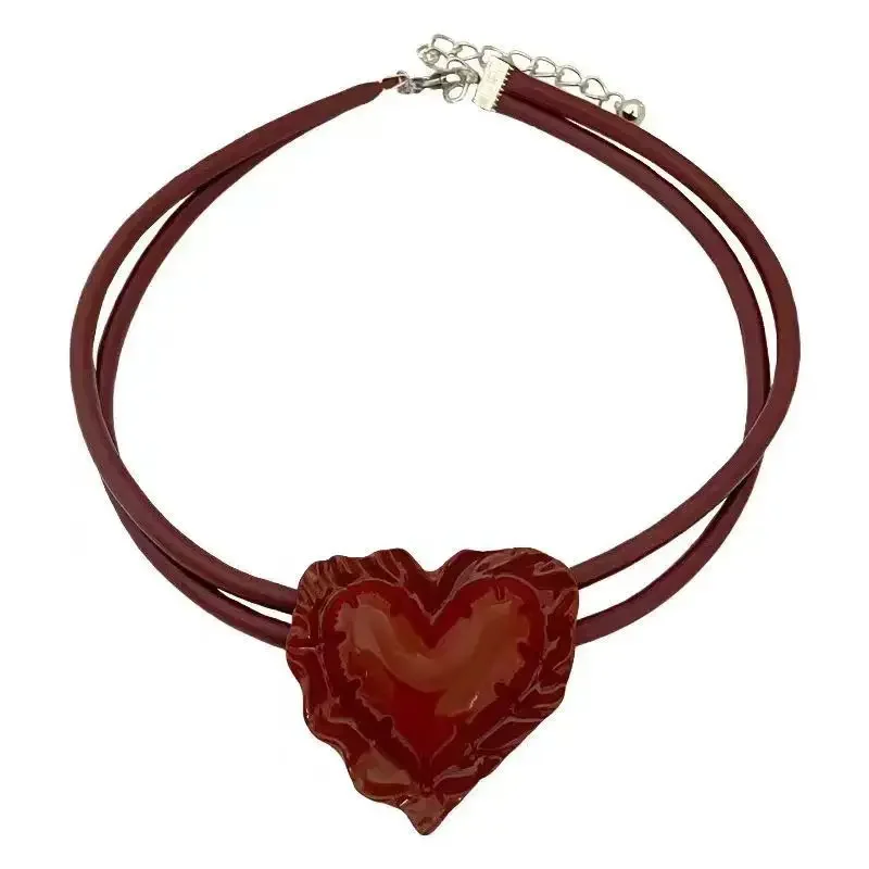 Individuality Punk Gothic Exaggerate Niche design sense Tide Double-deck Love Leather Pendant Collarbone chain Choker