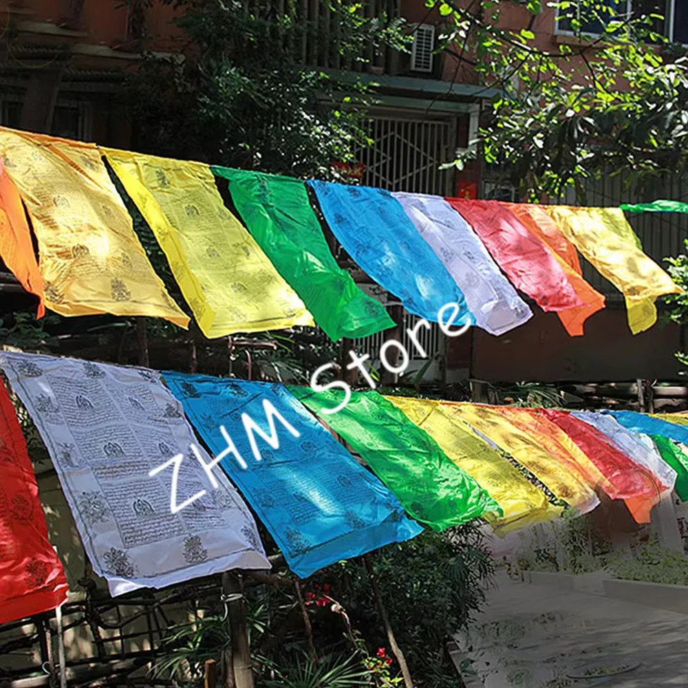 10 Meters 21 Pcs/String Religious Flags, 7 Colors 21 Rulai Mantra/7 Mantras in 1 String Silk Cloth Colorful Prayer Flags