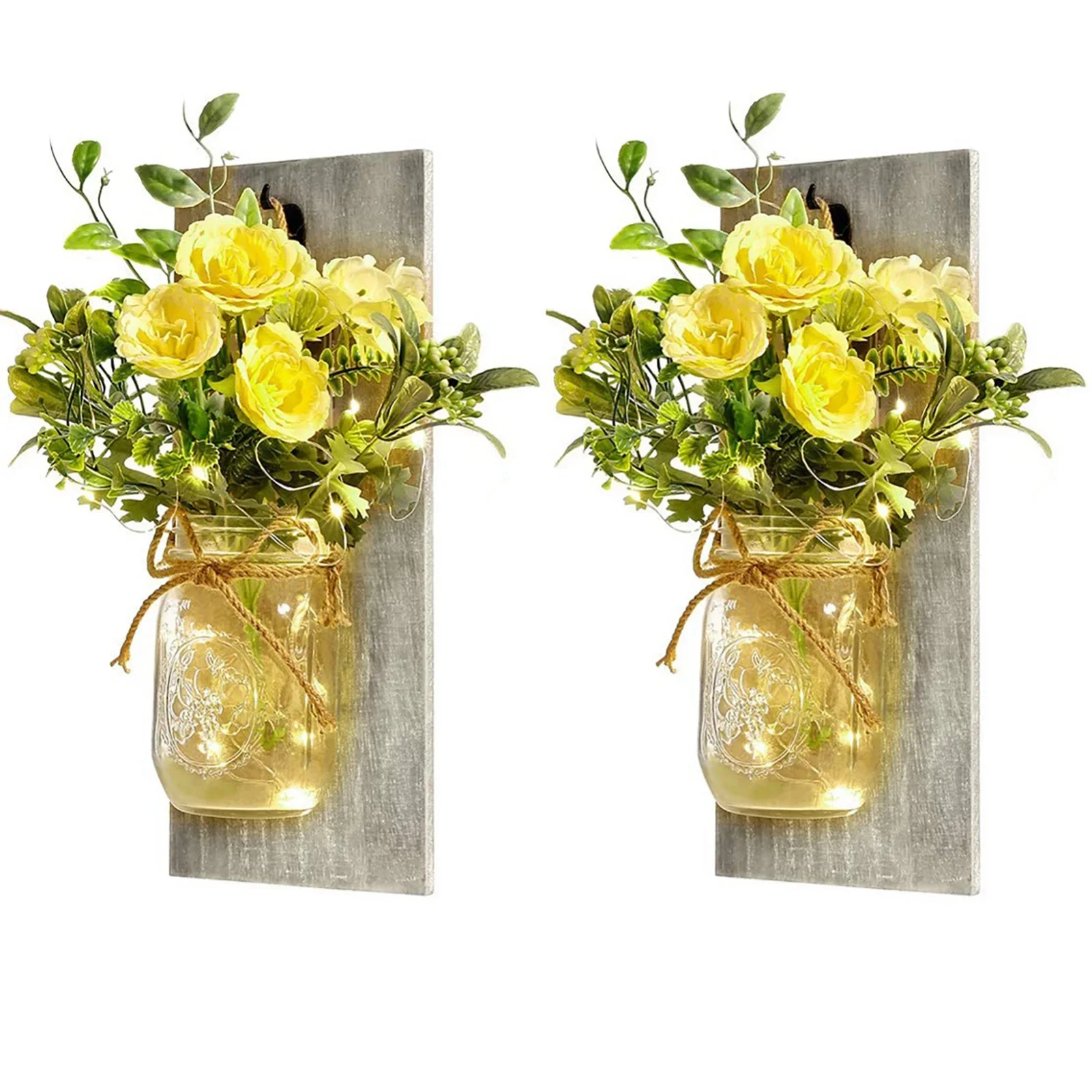 Wall Lamp Mason Jar Light Wood Board LED String Light 8 Modes Timer 4 6 8 Hours For Living Room Bedroom Set Of 2