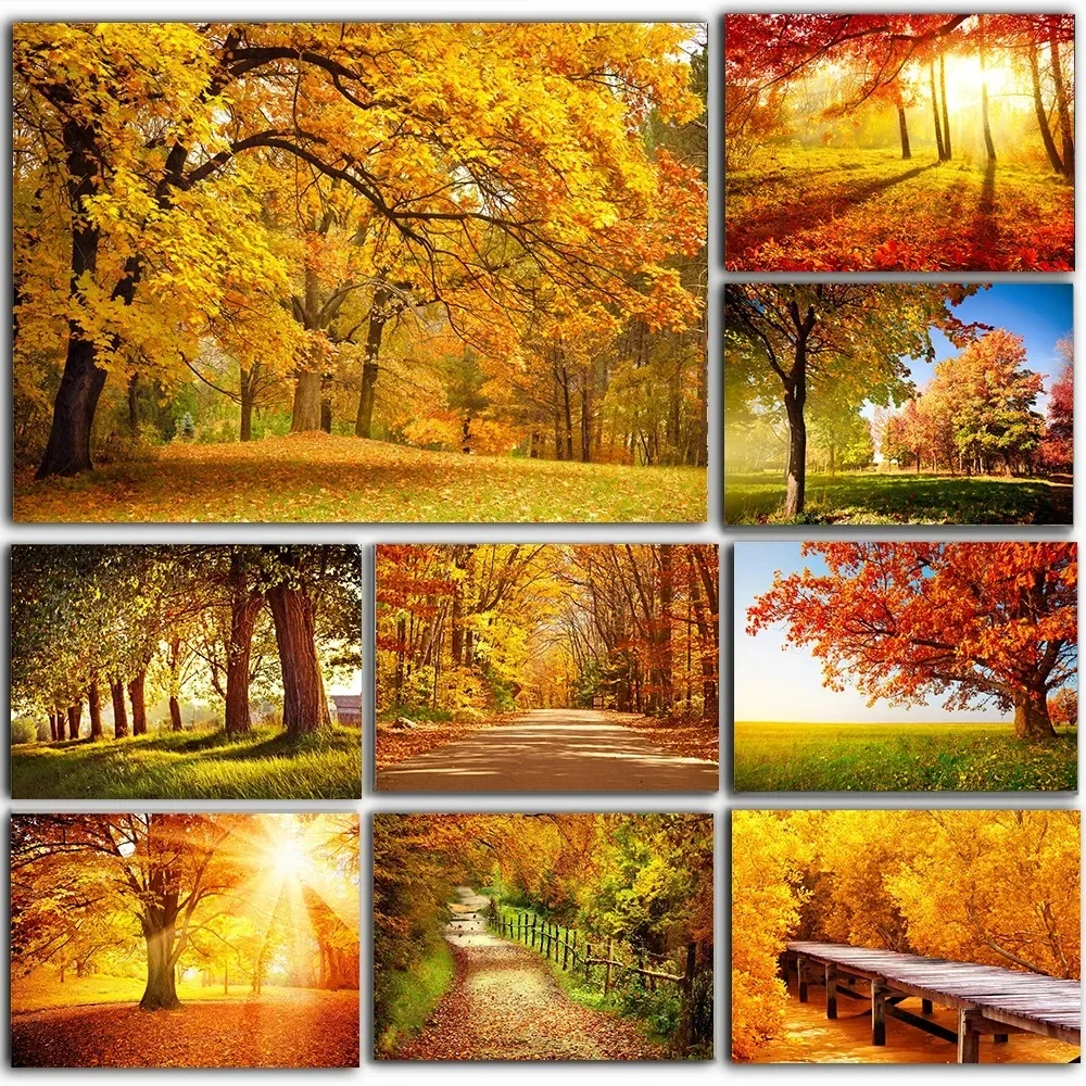 1pc frameless Canvas Painting 1pc Frameless Canvas Poster Yellow Leaf Autumn Landscape Printing Bridge Painting Halloween Pictur