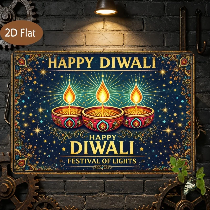 CIFBUY Vintage Diwali Festival Lights Sign, Aluminum Wall Art Waterproof Wear Resistant Metal Plaque for Home Party Indian Decor