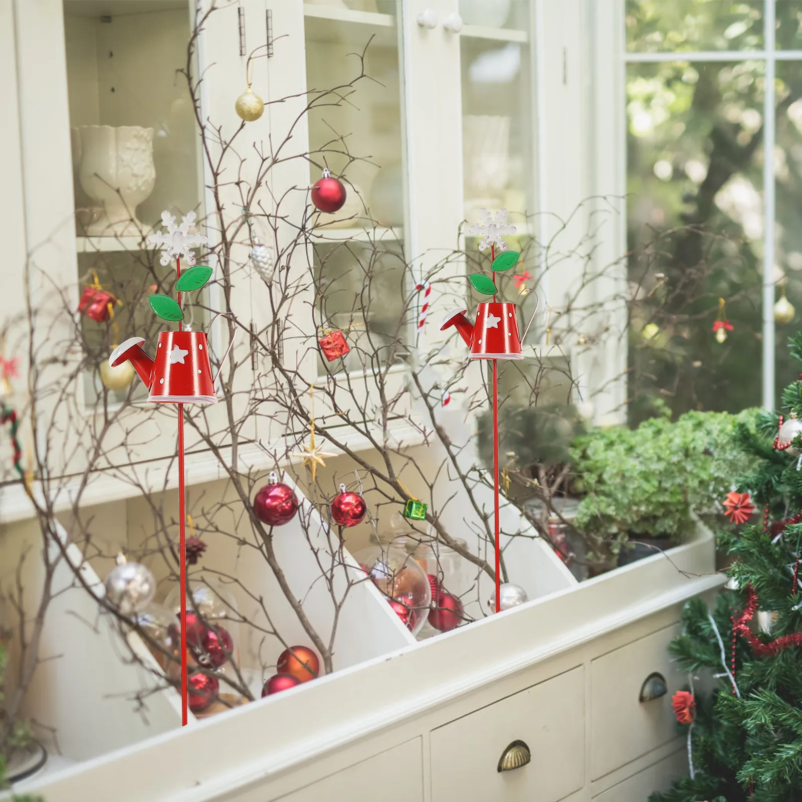 Decoraciones navideñas de copo de nieve, estaca de hierro con forma de tetera para jardín, letrero decorativo para césped, macetero, arreglo floral, decoración navideña DIY