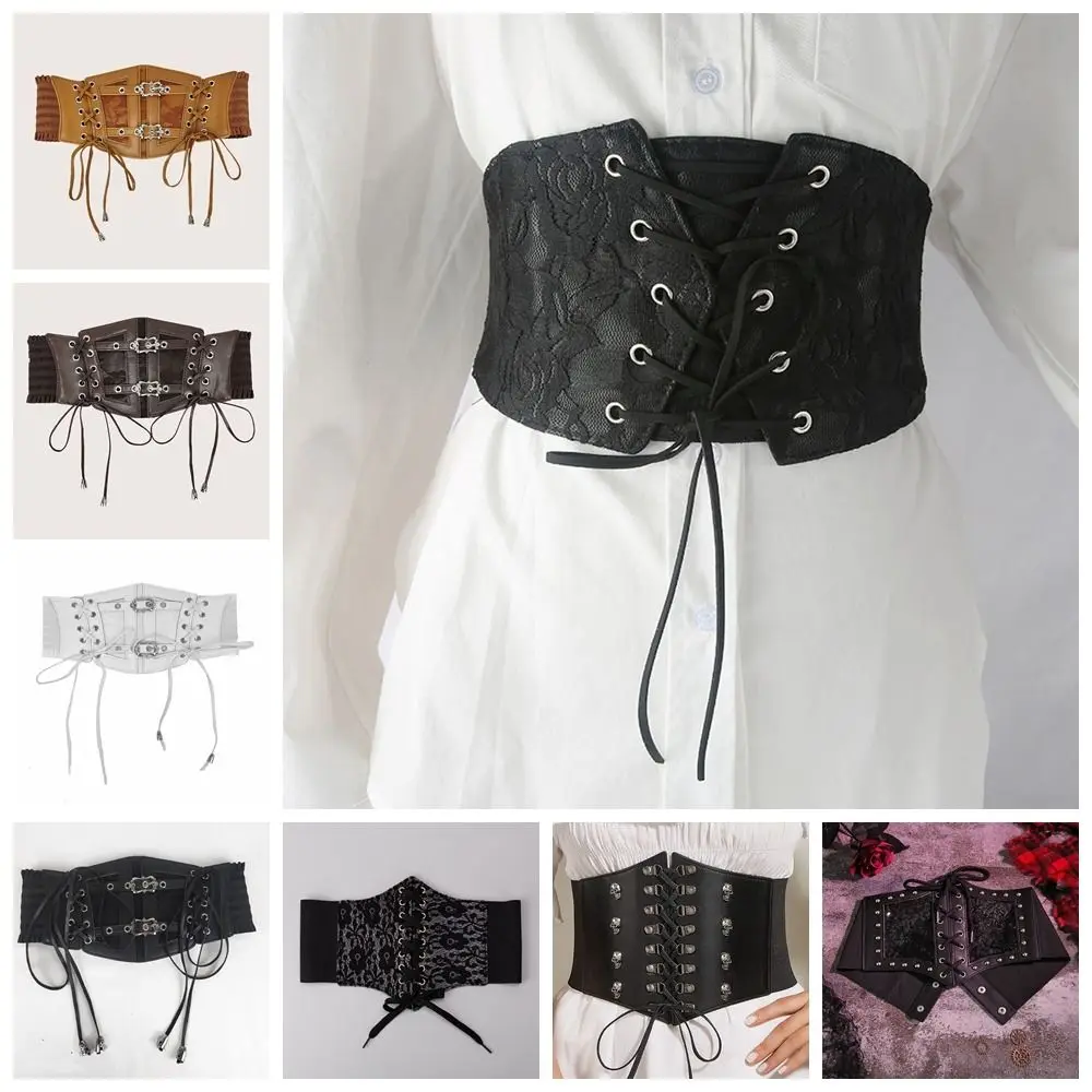 Fascia da smoking in pizzo regolabile gotico Cintura a corsetto in pelle tinta unita Cintura a fiori Corsetto a vita larga da donna
