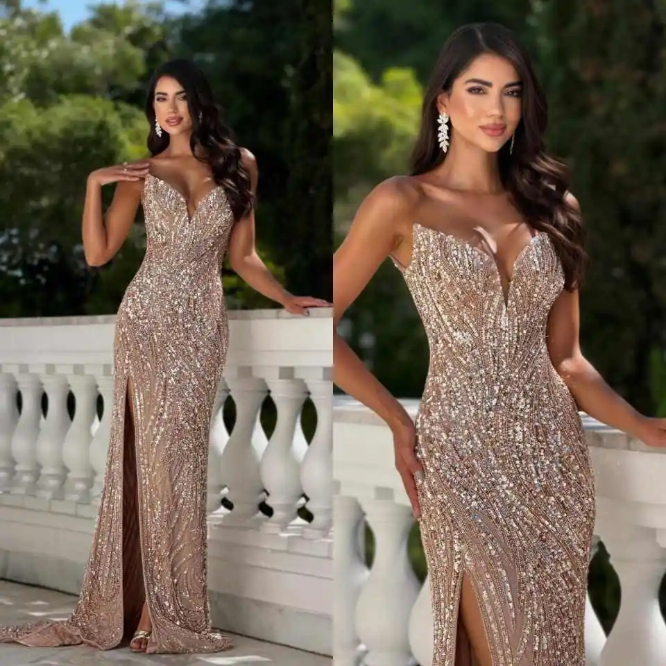 

Sparkling Sequins Prom Gowns Sleeveless Strapless Mermaid Evening Dresses Crystals Special Occasion Party Customized