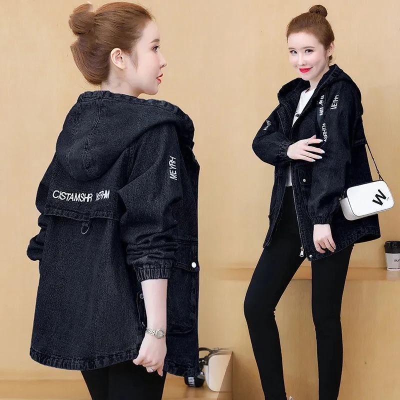 

Hooded Denim Short Jacket Women 2025 Spring Autumn New Korean Casual Denim Coat Female Loose Large Size Embroidered Outerwear