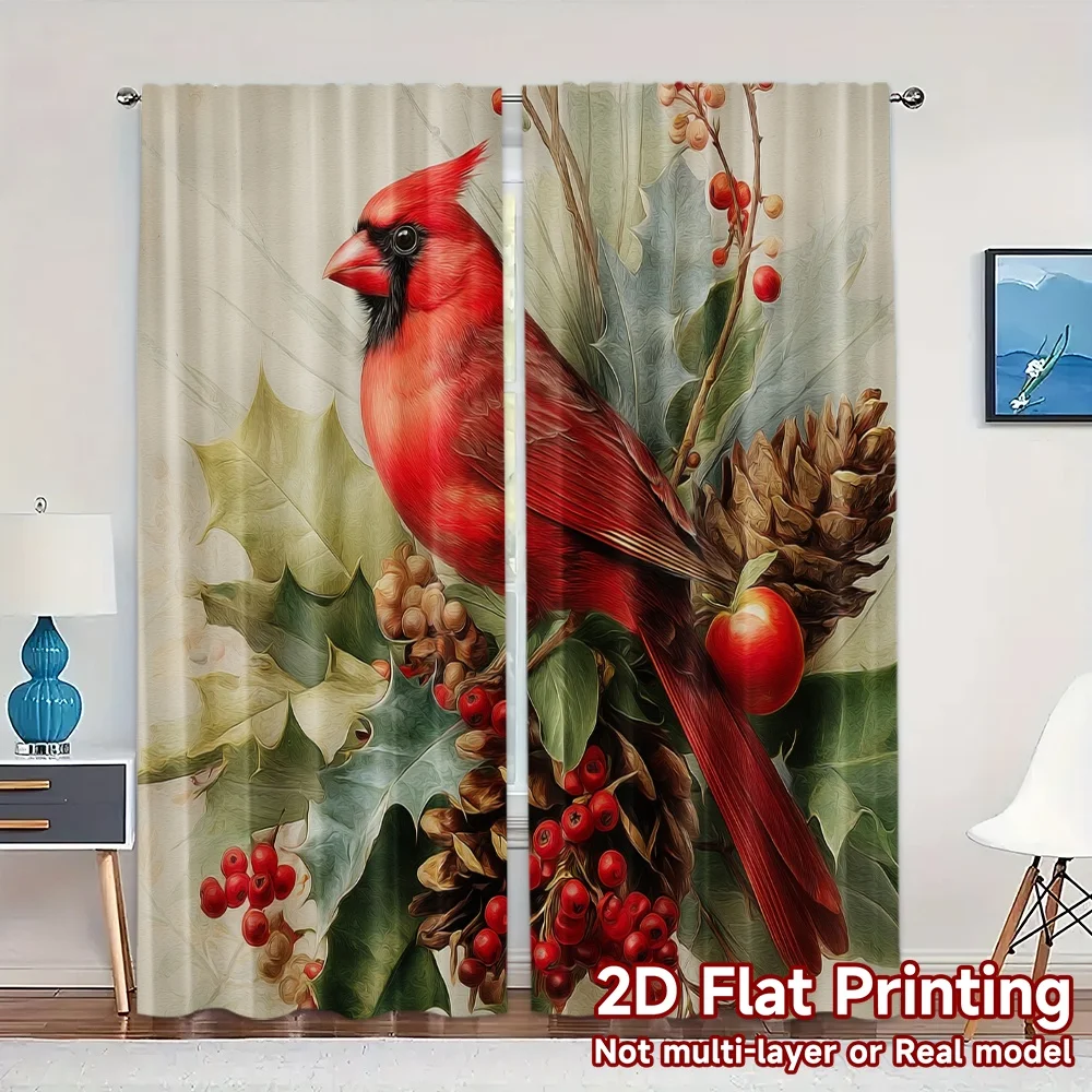 2pcs,Curtains Cardinals Christmas wreath Modern Curtains Roller Blinds Durable 100% Polyester Fabric Curtains All Seasons