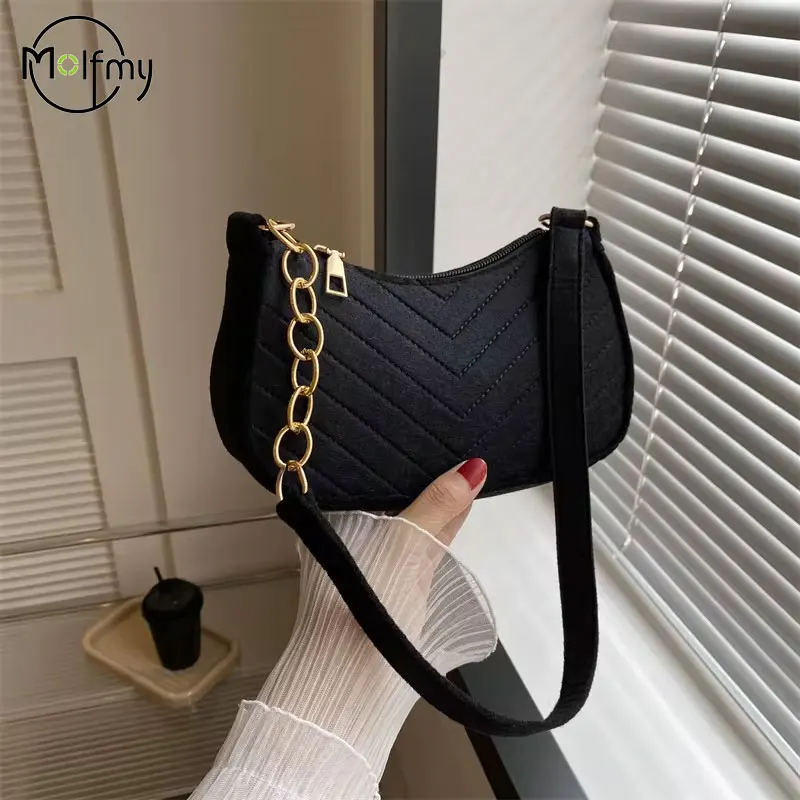 Mini Shoulder Bags for Women Fashion Felt Women\'s Bag Design Advanced Underarm Handbags Beautiful Purses Crescent SaddleBag 2024