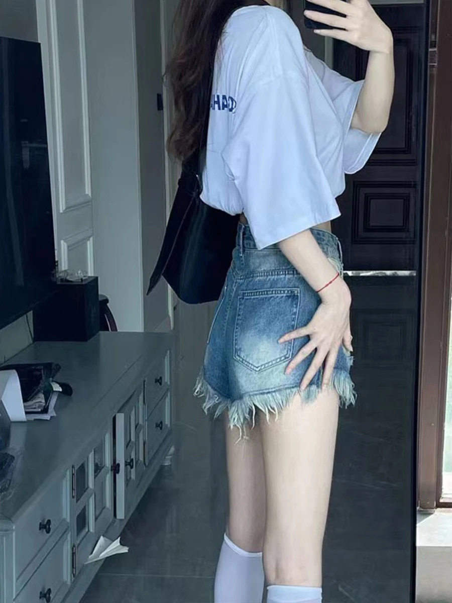 

High Waist Bell Bot Jeans orts Women's Summer Loose Slimming A-Line Straight Cut Hot Pants Vintage Waed Frayed Denim