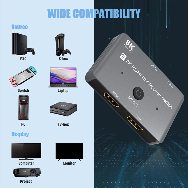 Przełącznik 8K HDMI 1 wejście 2 wyjścia 2 wejścia 1 wyjście Dwukierunkowy przełącznik 8K@60Hz 4K@120Hz HDMI 2.1 Przełącznik 2X1 1X2 dwukierunkowy