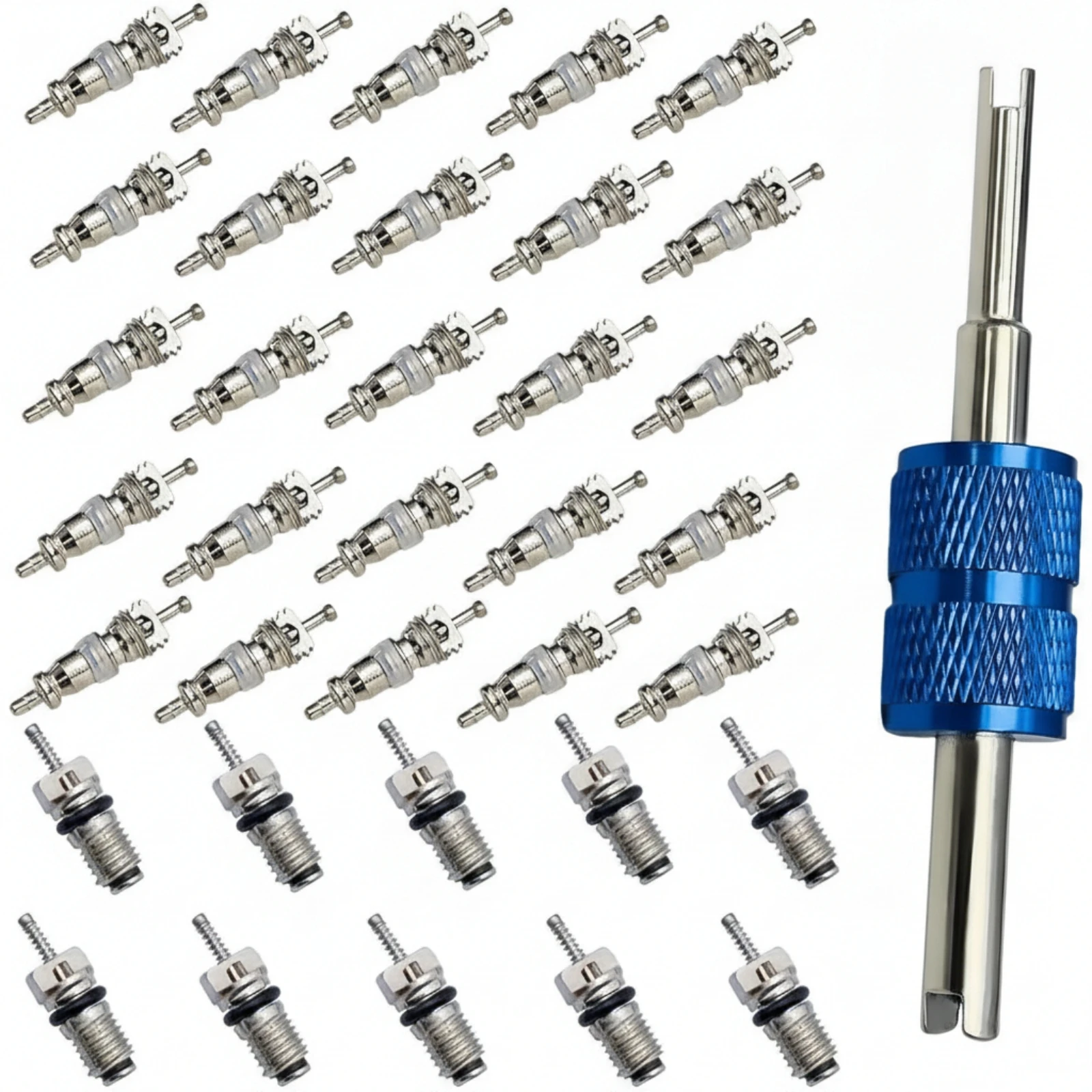 36 Pieces Valve Core Kit with Remover Tool Refrigeration Valve Core Kit Knurled Metal for Mechanics, Garage, Workshop