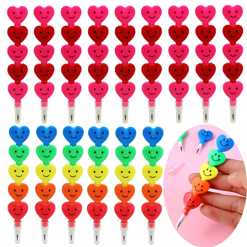 10pcs Cute Smile Love Heart Stack Pencils Kids Birthday Party Favors Wedding Valentine's Guest Gift Goodie Fillers Rewards